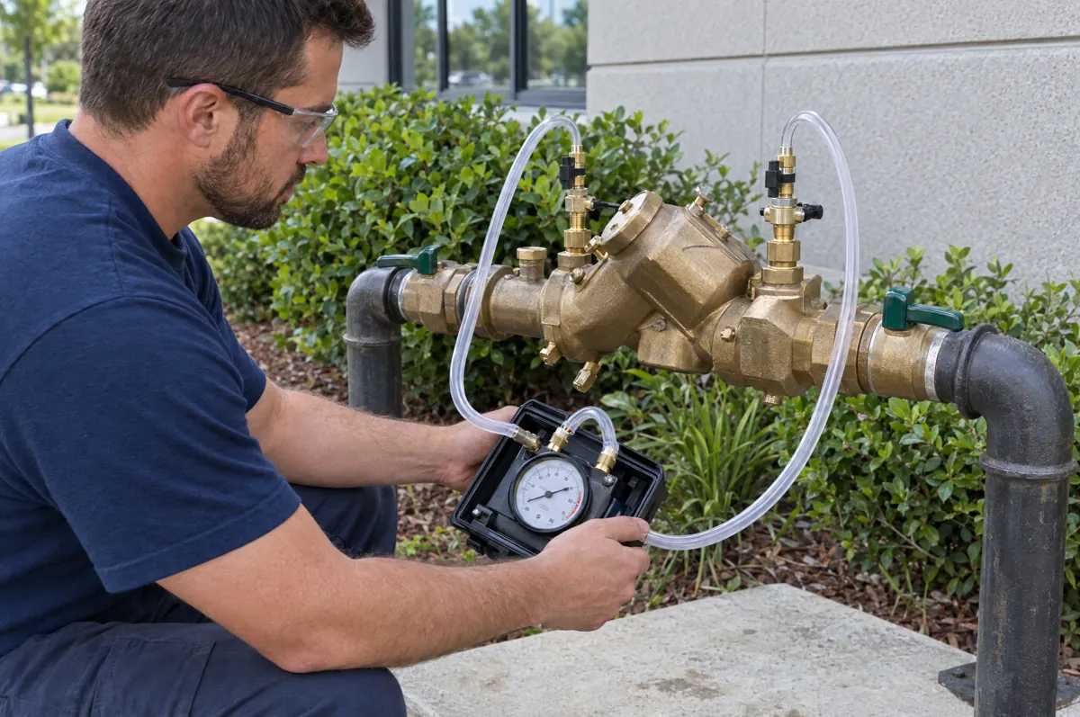 Technician testing a backflow preventer with a pressure test kit