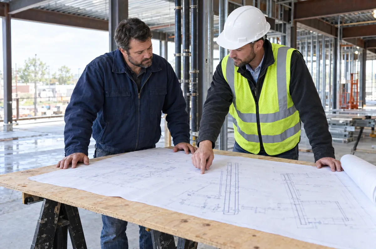 Plumbing contractor and general contractor reviewing blueprints on a jobsite