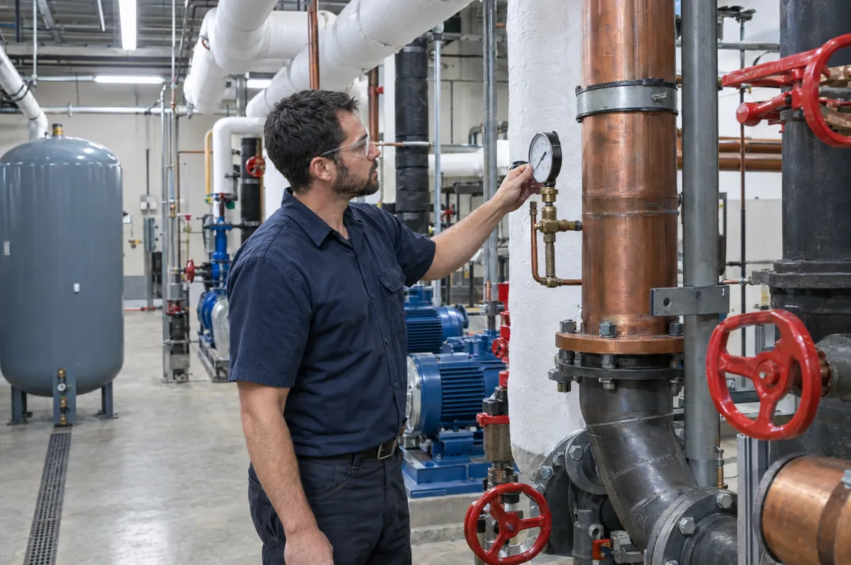 Plumber checking a gauge on large piping in a commercial mechanical room
