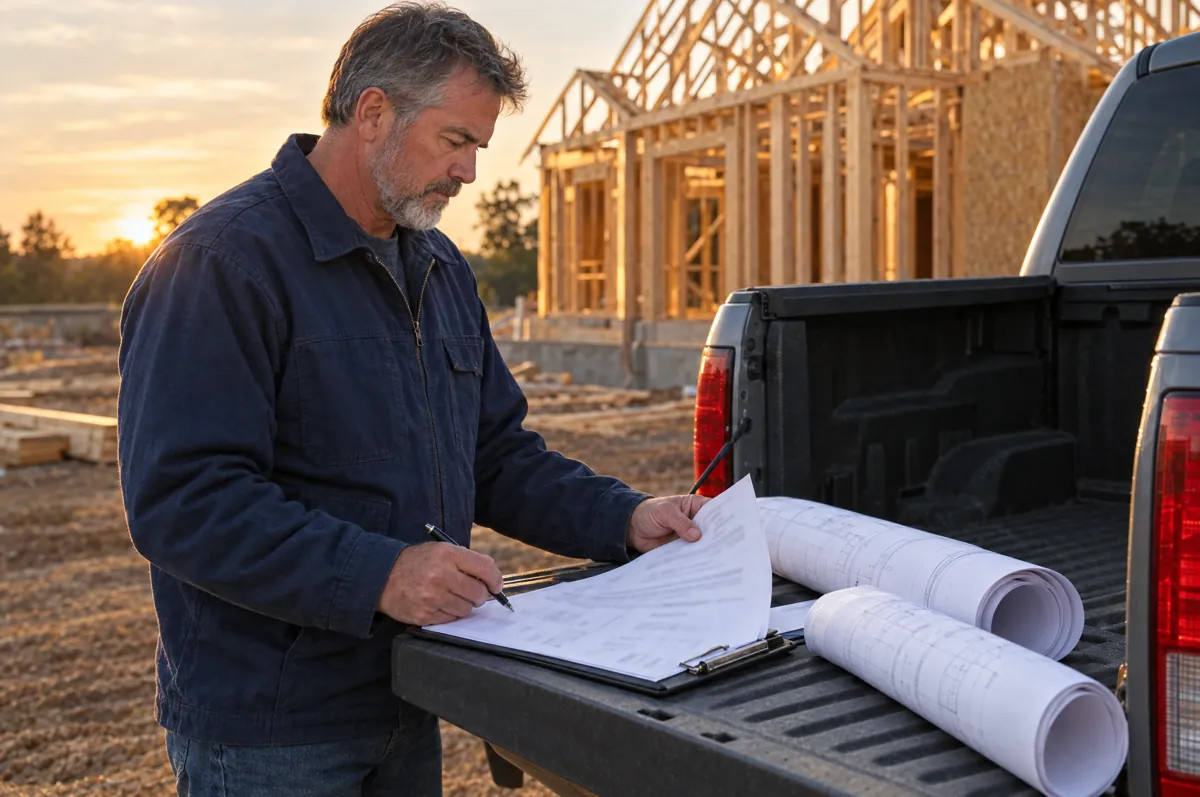 Plumbing contractor reviewing permit paperwork at a truck tailgate