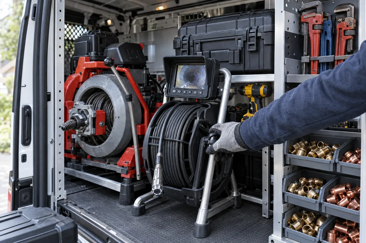 Drain machine, sewer camera and press tool case on a service van's racks