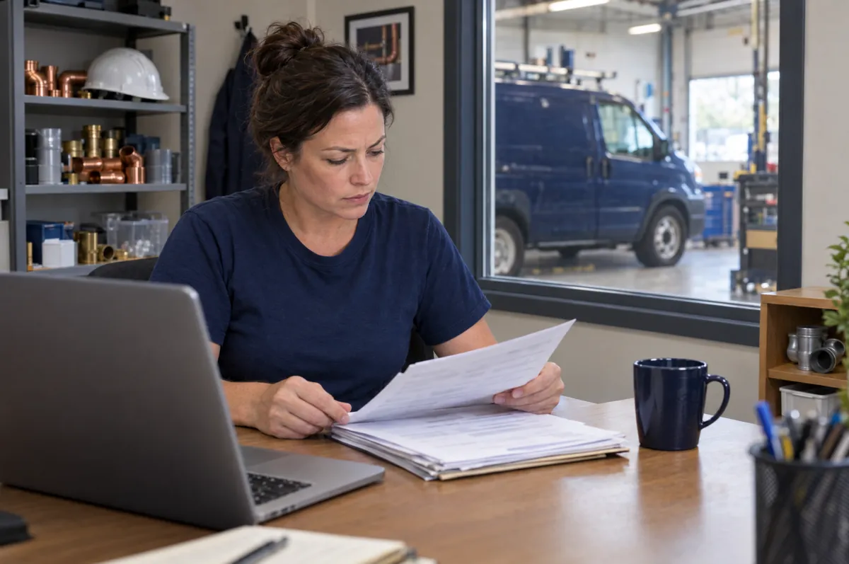 Plumbing business owner reviewing insurance documents in her shop office