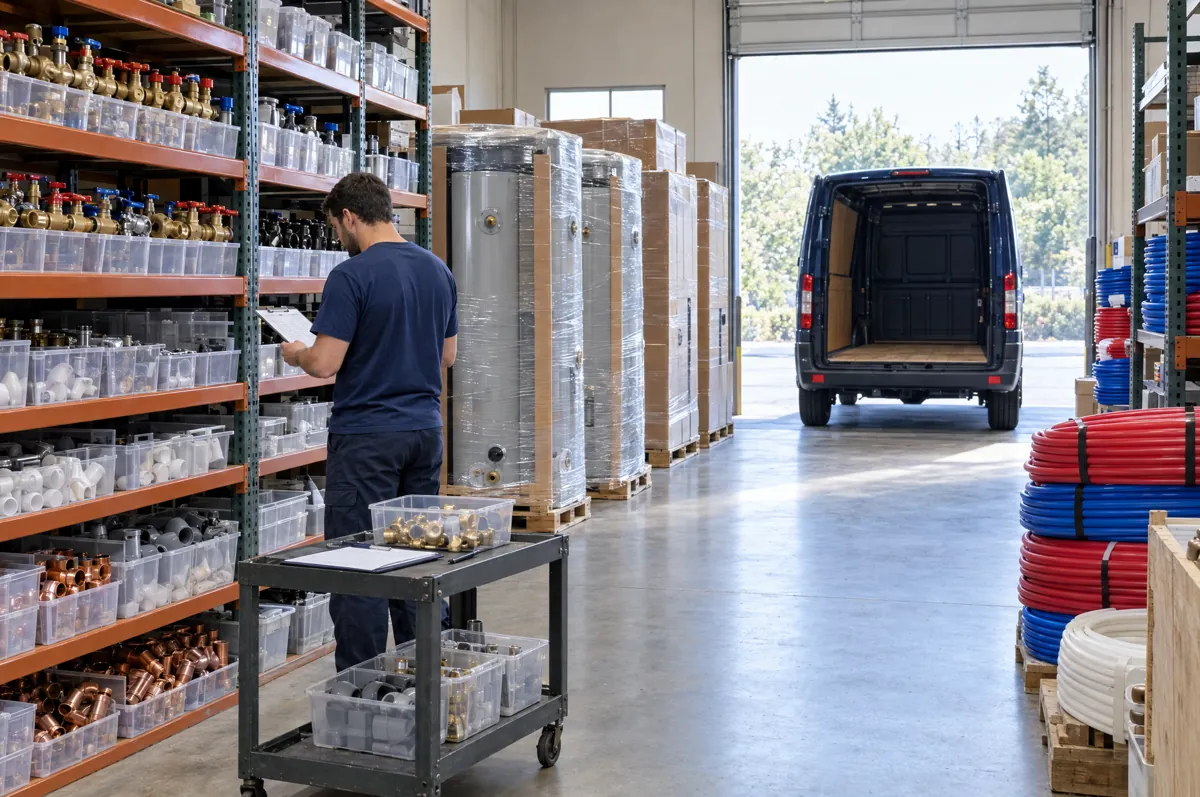 Plumbing shop warehouse with parts shelving, water heaters and a van in the bay