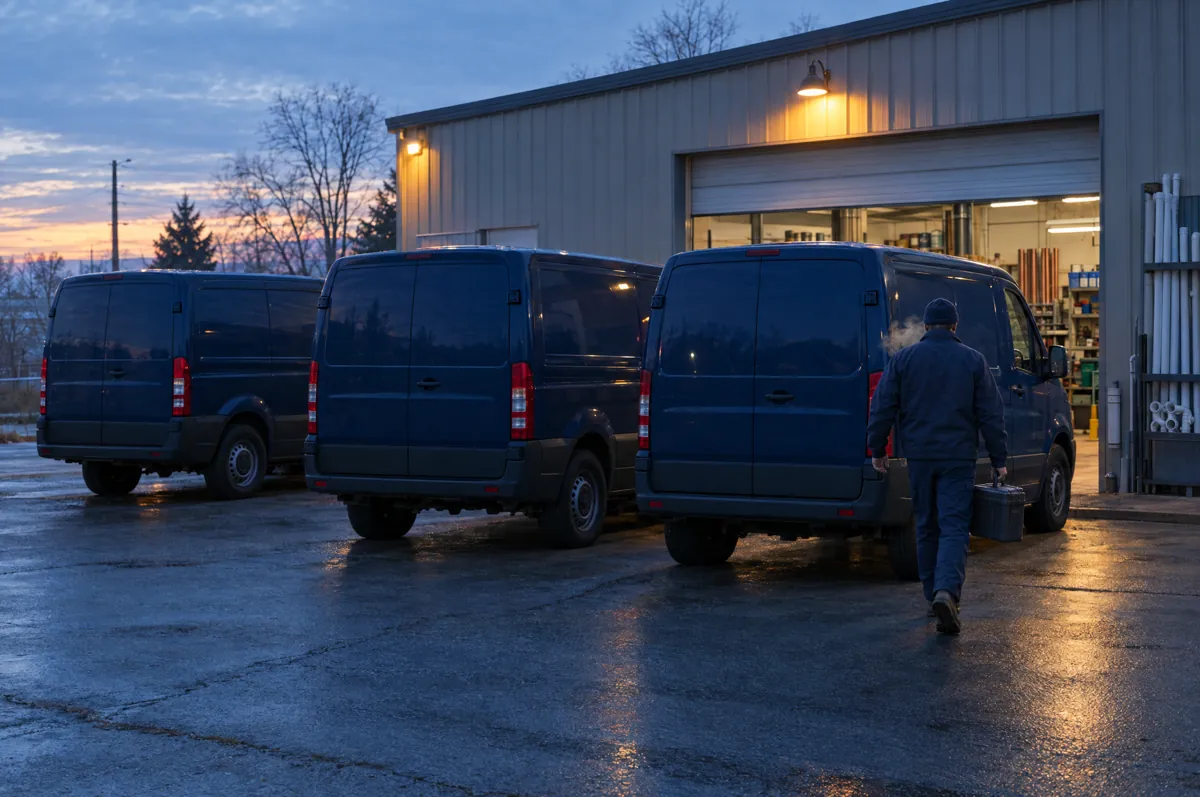 Three plumbing service vans parked at a shop at dawn