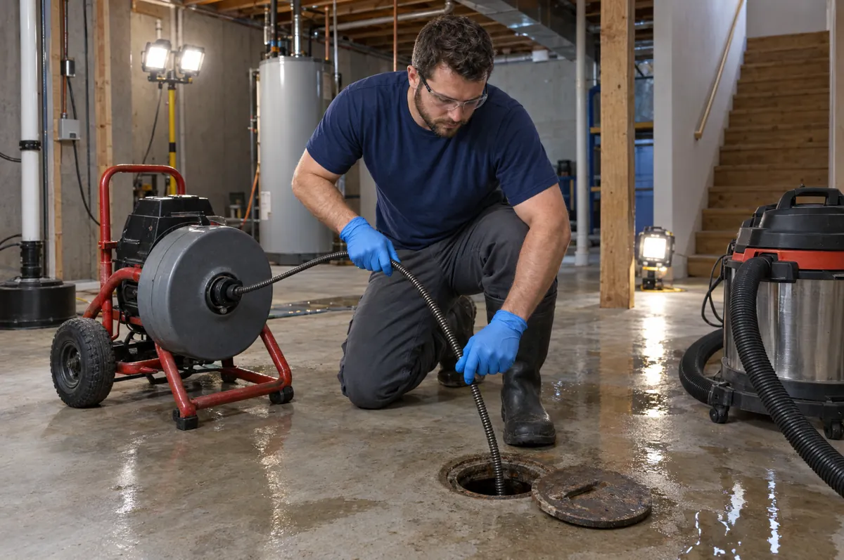 Technician in gloves working at an open basement drain cleanout