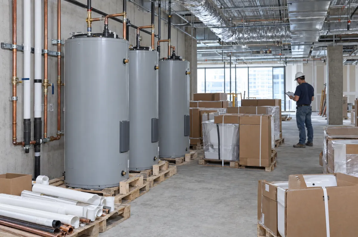 Commercial water heaters and fixtures staged in an unfinished building